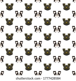 Dog seamless pattern, French bulldog on white background, Dog icons. 