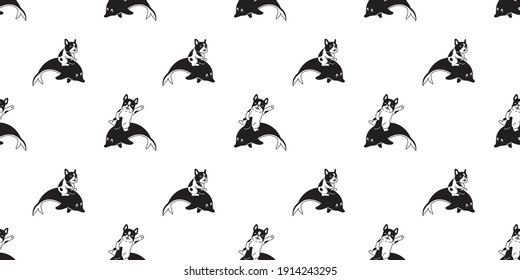 dog Seamless pattern french bulldog dolphin fish vector pet puppy shark whale doodle cartoon repeat wallpaper tile background scarf isolated illustration design