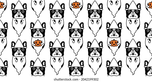 dog seamless pattern french bulldog Halloween spooky pumpkin puppy cartoon vector pet tile background repeat wallpaper gift wrapping paper scarf isolated character doodle illustration design