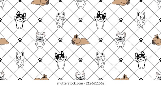 dog seamless pattern french bulldog vector paw footprint puppy pet breed cartoon checked repeat wallpaper tile background doodle design illustration isolated