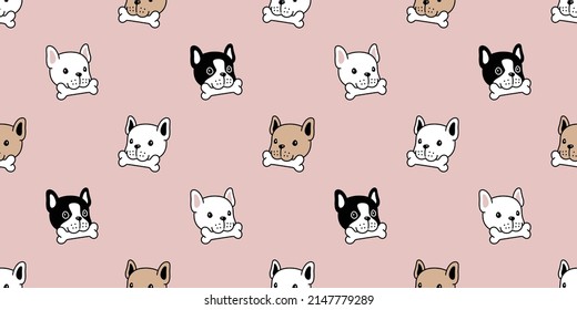 Dog Seamless Pattern French Bulldog Bone Food Vector Pet Eating Puppy Face Head Pet Character Cartoon Scarf Isolated Repeat Wallpaper Tile Background Doodle Illustration Design Brown Clip Art