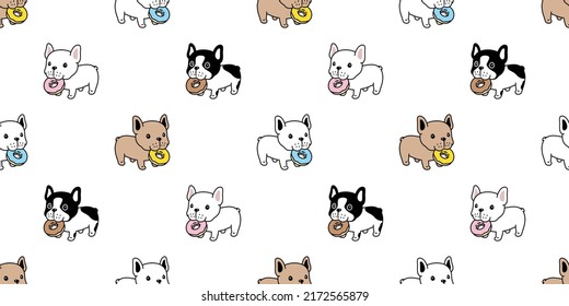 Dog Seamless Pattern French Bulldog Donut Eating Food Vector Pet Puppy Breed Cartoon Scarf Isolated Tile Background Repeat Wallpaper Wrapping Paper Doodle Illustration Design