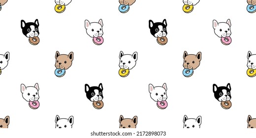 Dog Seamless Pattern French Bulldog Donut Eating Food Vector Head Face Pet Puppy Breed Cartoon Scarf Isolated Tile Background Repeat Wallpaper Wrapping Paper Doodle Illustration Design