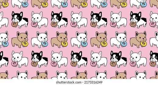 Dog Seamless Pattern French Bulldog Donut Eating Food Vector Pet Puppy Breed Cartoon Scarf Isolated Tile Background Repeat Wallpaper Wrapping Paper Doodle Illustration Pink Design