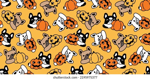 dog seamless pattern french bulldog pumpkin Halloween jack o lantern vector cartoon character spooky puppy pet tile background gift wrapping paper scarf isolated repeat wallpaper doodle illustration d