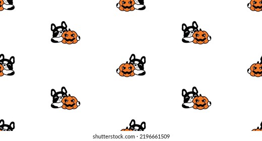 dog seamless pattern french bulldog pumpkin Halloween jack o lantern vector cartoon spooky puppy pet tile background gift wrapping paper scarf isolated repeat wallpaper doodle character illustration d