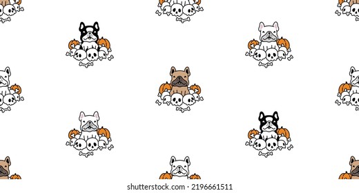 dog seamless pattern french bulldog Halloween pumpkin skull bone vector cartoon spooky puppy pet tile background gift wrapping paper scarf isolated repeat wallpaper doodle character illustration desig