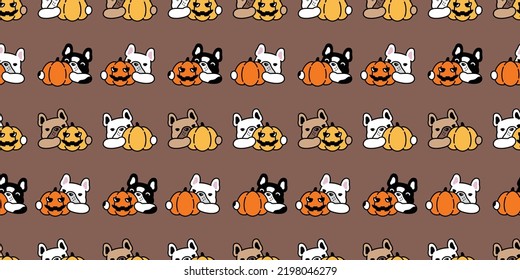 dog seamless pattern french bulldog pumpkin Halloween jack o lantern vector cartoon character puppy pet spooky tile background gift wrapping paper scarf isolated repeat wallpaper doodle illustration d