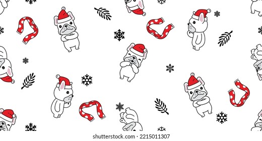 dog seamless pattern french bulldog christmas santa claus hat snowflake scarf vector puppy pet cartoon gift wrapping paper tile background repeat wallpaper doodle illustration isolated design