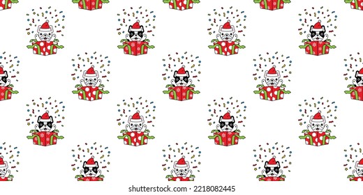 dog seamless pattern french bulldog christmas gift box santa claus hat snowflake scarf isolated vector puppy pet cartoon gift wrapping paper tile background repeat wallpaper doodle illustration design