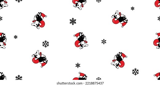 dog seamless pattern french bulldog christmas santa claus hat snowflake running scarf vector puppy pet cartoon gift wrapping paper tile background repeat wallpaper doodle illustration isolated design