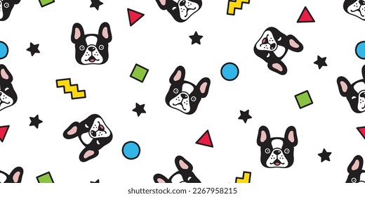 dog seamless pattern french bulldog head face vector star polka dot triangle square zigzag cartoon gift wrapping paper tile background repeat wallpaper doodle geometric scarf isolated illustration des