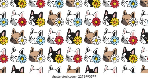 dog seamless pattern french bulldog flower daisy pet puppy face head vector cartoon gift wrapping paper tile background repeat wallpaper doodle geometric scarf isolated illustration design