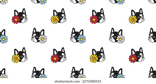 dog seamless pattern french bulldog flower daisy head face vector cartoon gift wrapping paper tile background repeat wallpaper doodle geometric scarf isolated illustration design