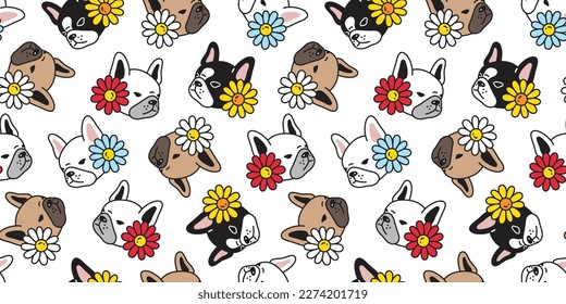 dog seamless pattern french bulldog daisy flower pet puppy face head vector cartoon gift wrapping paper tile background repeat wallpaper doodle geometric scarf isolated illustration design