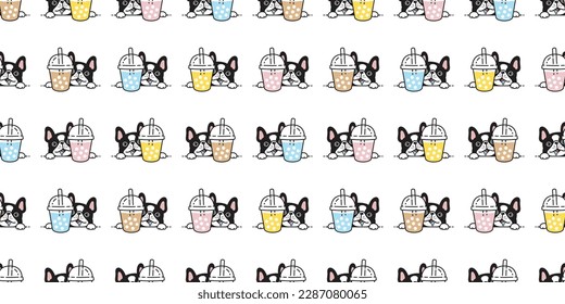 dog seamless pattern french bulldog boba tea bubble milk tea drink vector pet puppy cartoon gift wrapping paper tile background doodle repeat wallpaper scarf isolated illustration design