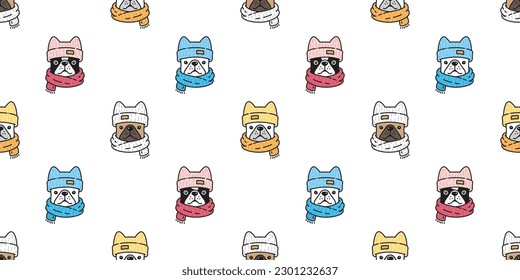 dog seamless pattern french bulldog knitting hat scarf christmas pet puppy knitting scarf doodle vector cartoon gift wrapping paper tile background repeat wallpaper scarf isolated illustration design