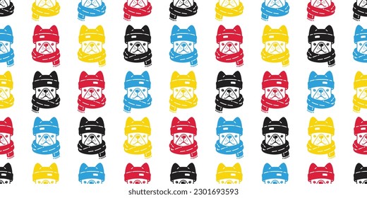 dog seamless pattern french bulldog knitting hat scarf christmas pet puppy doodle vector rgb color cartoon gift wrapping paper tile background repeat wallpaper scarf isolated illustration design