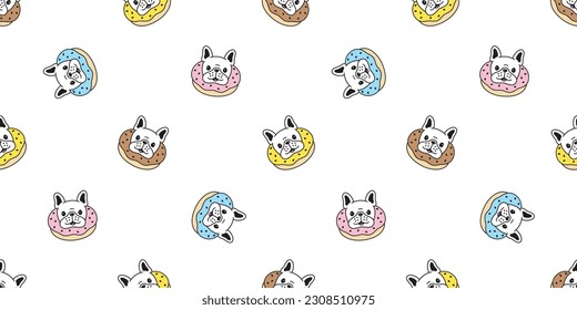 dog seamless pattern french bulldog donut bakery vector bake pet face head food footprint paw puppy cartoon gift wrapping paper tile background repeat wallpaper doodle scarf isolated illustration desi