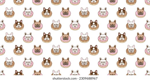 dog seamless pattern french bulldog donut bakery vector bake pet face head food footprint paw puppy cartoon gift wrapping paper repeat wallpaper tile background doodle scarf isolated illustration desi