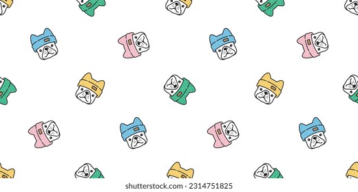 dog seamless pattern french bulldog knitting beanie hat pet puppy doodle vector cartoon gift wrapping paper tile background repeat wallpaper scarf isolated illustration design