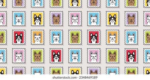 dog seamless pattern french bulldog stamp post mail cartoon puppy smile vector pet doodle gift wrapping paper repeat wallpaper tile background scarf isolated illustration design
