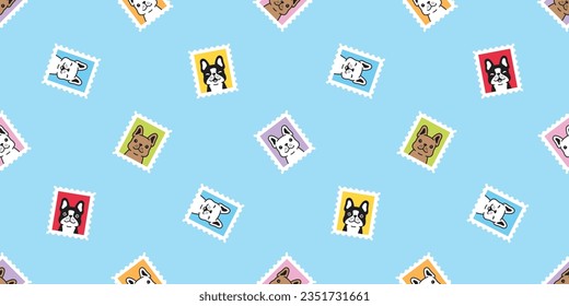 dog seamless pattern french bulldog stamp post mail cartoon puppy smile vector pet doodle gift wrapping paper tile background repeat wallpaper scarf isolated illustration design