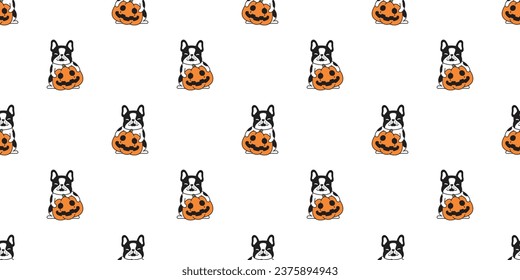 dog seamless pattern french bulldog Halloween pumpkin puppy vector pet cartoon character doodle tile background gift wrapping paper repeat wallpaper scarf isolated