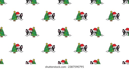 dog seamless pattern french bulldog Christmas tree scarf Santa Claus hat vector puppy pet doodle cartoon gift wrapping paper tile background repeat wallpaper illustration scarf isolated design