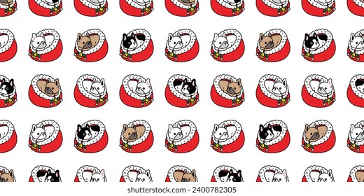 dog seamless pattern french bulldog Christmas sleeping bed Santa Claus vector cartoon puppy pet doodle gift wrapping paper tile background repeat wallpaper illustration scarf isolated design