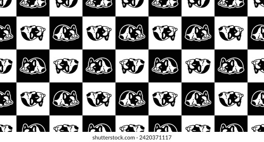 dog seamless pattern french bulldog checked hungry face head sleeping vector cartoon puppy pet doodle gift wrapping paper tile background repeat wallpaper illustration scarf isolated design