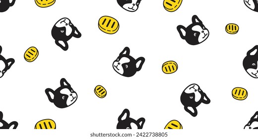 dog seamless pattern french bulldog gold coin face vector cartoon puppy pet doodle gift wrapping paper tile background repeat wallpaper illustration scarf isolated design