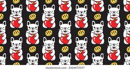 dog seamless pattern french bulldog valentine heart lucky cat manekineko vector gold coin cartoon puppy pet doodle gift wrapping paper tile background repeat wallpaper illustration scarf isolated desi