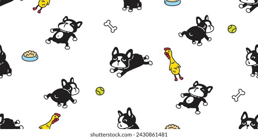 dog seamless pattern french bulldog puppy toy chicken ball food bowl bone vector pet doodle cartoon gift wrapping paper tile background repeat wallpaper illustration scarf isolated design