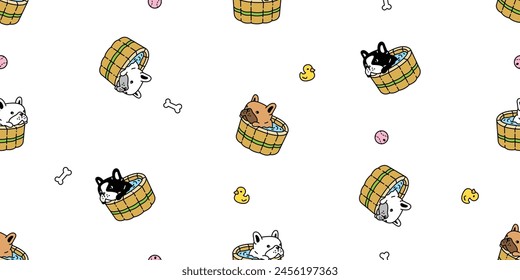 dog seamless pattern french bulldog shower bathing wooden oak bathtub teak puppy vector bone pet toy duck rubber doodle cartoon tile background gift wrapping paper repeat wallpaper scarf isolated illu