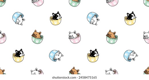 dog seamless pattern french bulldog coffee cup puppy paw footprint vector hot tea pet toy doodle cartoon tile background gift wrapping paper repeat wallpaper scarf isolated illustration design