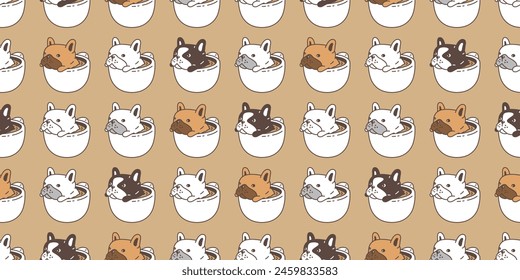 dog seamless pattern french bulldog coffee cup puppy vector hot tea pet cartoon doodle tile background gift wrapping paper repeat wallpaper scarf isolated illustration design