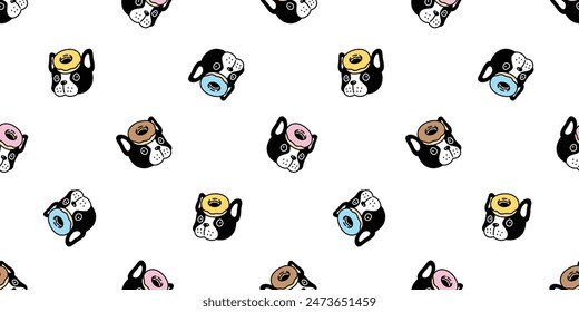 dog seamless pattern french bulldog donut head face vector cartoon puppy pet bakery bake food doodle gift wrapping paper tile background repeat wallpaper illustration scarf isolated design