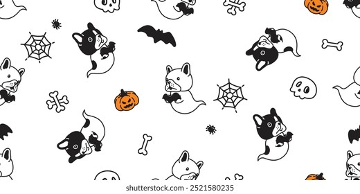 dog seamless pattern french bulldog Halloween spooky ghost bat puppy vector pet cartoon character doodle gift wrapping paper r tile background epeat wallpaper scarf isolated