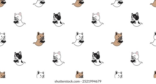 dog seamless pattern french bulldog Halloween spooky ghost bat puppy vector pet cartoon character doodle tile background gift wrapping paper repeat wallpaper scarf isolated