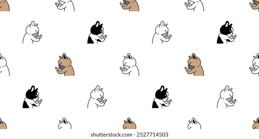 dog seamless pattern french bulldog smart phone working cartoon vector doodle pet puppy tile background gift wrapping paper repeat wallpaper illustration scarf isolated design
