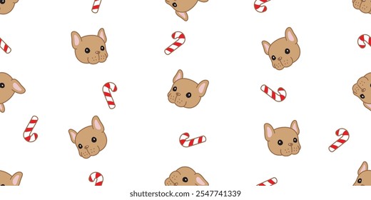 dog seamless pattern french bulldog Christmas Santa Claus candy cane vector cartoon gift box wrapping paper scarf isolated repeat wallpaper tile background illustration design