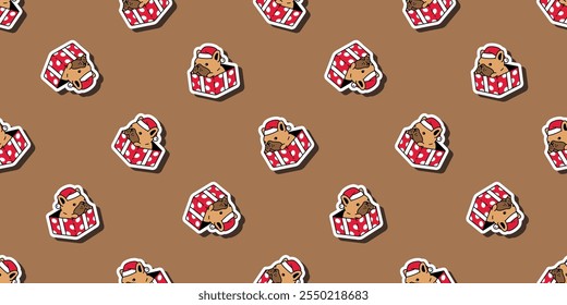 dog seamless pattern french bulldog Christmas polka dot box Santa Claus hat vector puppy pet cartoon wrapping paper scarf isolated repeat wallpaper tile background illustration design