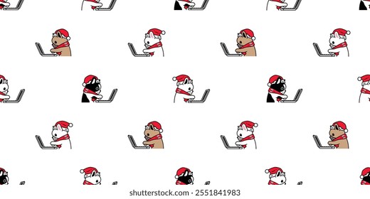 dog seamless pattern french bulldog Christmas working laptop computer Santa Claus hat vector puppy pet cartoon wrapping paper tartan plaid scarf isolated repeat wallpaper tile background illustration 