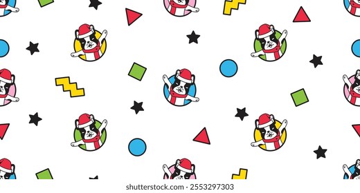 dog seamless pattern french bulldog Christmas Santa Claus hat vector puppy pet cartoon tile background wrapping paper polka dot scarf isolated repeat wallpaper illustration design