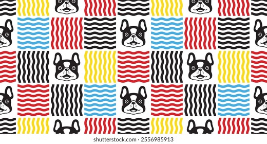 dog seamless pattern french bulldog smile face head wave checked vector cartoon puppy pet doodle gift wrapping paper tile background repeat wallpaper illustration scarf isolated design