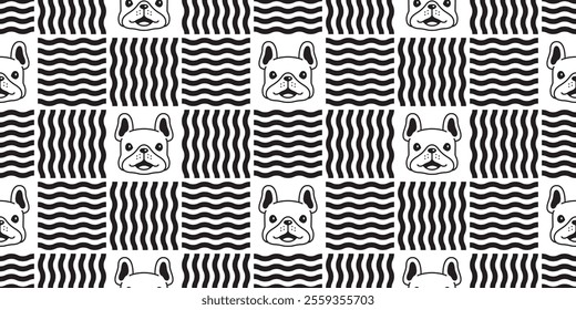 dog seamless pattern french bulldog smile face head wave checked vector cartoon puppy pet doodle tile background gift wrapping paper repeat wallpaper illustration scarf isolated design