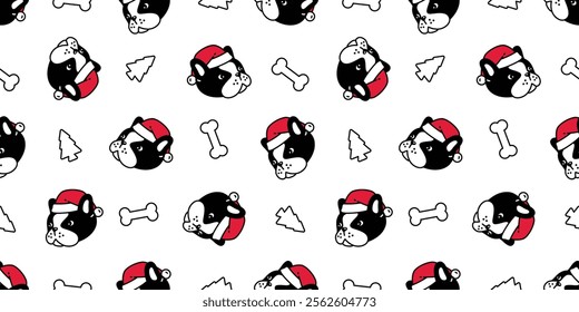 dog seamless pattern french bulldog christmas tree santa claus hat vector cartoon brown puppy bone head face pet doodle tile background gift wrapping paper repeat wallpaper illustration scarf isolated