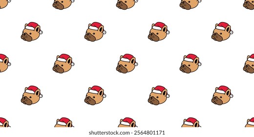 dog seamless pattern french bulldog christmas santa claus hat vector cartoon brown puppy head face pet doodle tile background gift wrapping paper repeat wallpaper illustration scarf isolated design