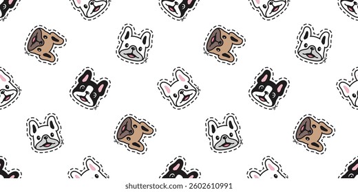 dog seamless pattern french bulldog cutting sticker dash line puppy smiling cartoon doodle pet tile background repeat wallpaper gift wrapping paper illustration